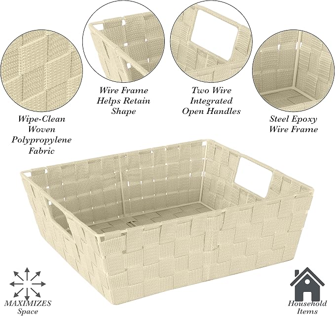 Simplify Large Shelf Woven Strap Tote | Decorative Storage Basket | Built in Handles | Organization | Closet | Bedroom | Bathroom | Nursery | Accessories | Toys | Gifts | 2 Pack | Ivory - Image 3