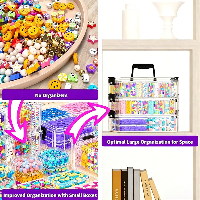 Bead Organizer Box 58 Pcs, 3-Tier Stackable Storage Box, and 3 Different Container Sizes Small Plastic Containers with Lids, Portability, Clear Organizers for Jewelry DIY Craft Storage - Image 7