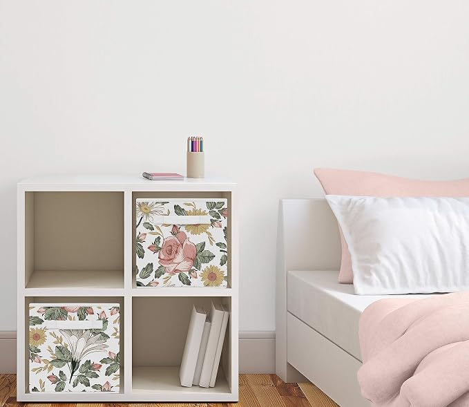 Sweet Jojo Designs Vintage Floral Boho Foldable Fabric Storage Cube Bins Boxes Organizer Toys Kids Baby Childrens - Set of 2 - Blush Pink, Yellow, Green and White Shabby Chic Rose Flower Farmhouse - Image 2