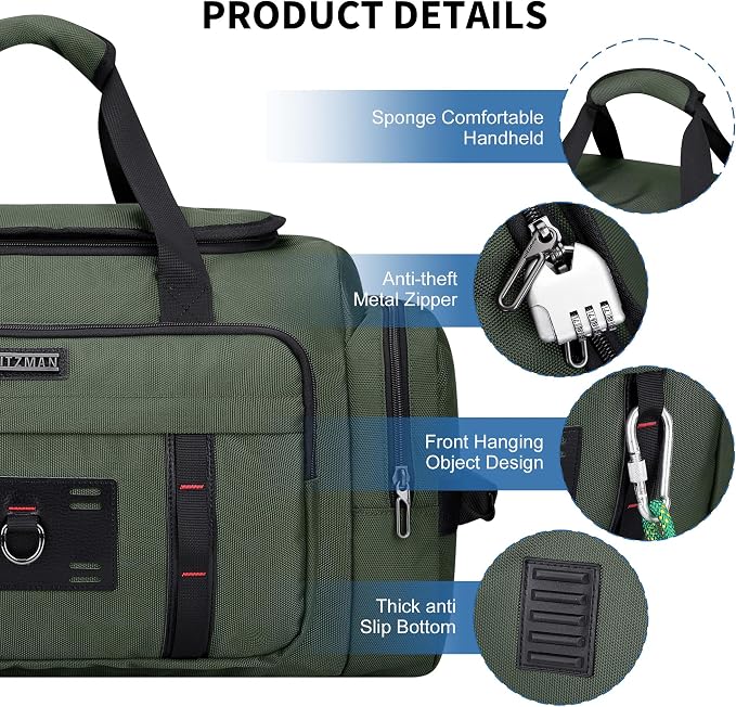 WITZMAN Duffle Bag for Men Large 49L Convertible Nylon Travel Sports Bag | With Shoe Compartment and Dry-wet Pocket, Fits 16" Laptop, Carry On, For Gym, Weekender, Overnight Trips, B719 Army Green - Image 7