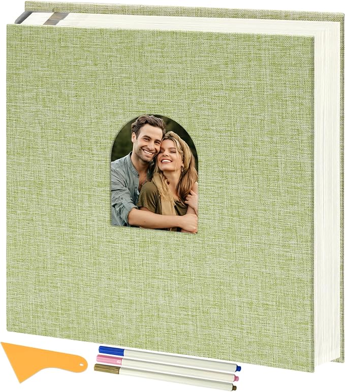 Vienrose Self Adhesive Photo Album with Arch Window, 120 Pages, Grass Green | Linen Cover, 12.6x12.99 Inch, Memory Book, Blank Inner Page, Three Metallic Pens by Vienrose
