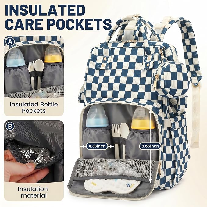 Baby Diaper Bag Backpacks for Mom Dad, Corduroy Large Capacity Multifunction Nappy Bag with Pacifier Case, Baby Travel Essentials Diaper Backpack for Boys Girls - Checkered Navy Blue - Image 5