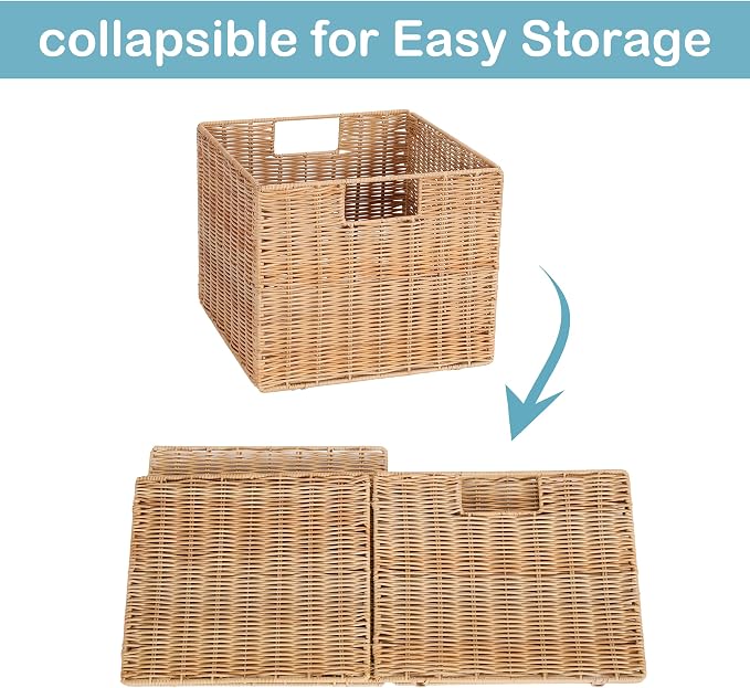 12X12X10in Plastic Wicker Storage Basket, Collapsible Wicker Cube Storage for Shelves, Woven Plastic Storage Basket for Pantry, Bedroom, Living Room, Bathroom, Shelves-3 Pack - Image 5