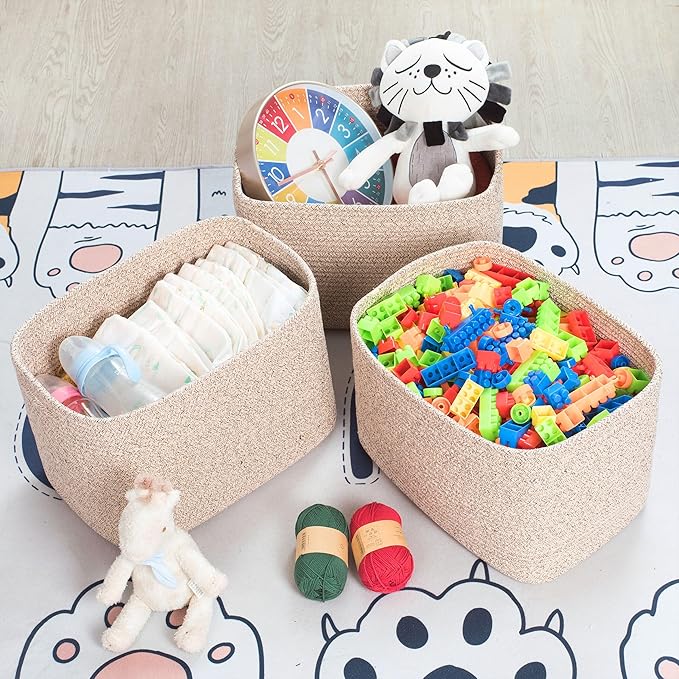 3-Pack Decorative Woven Storage Baskets for Shelves, Cube Bin Box for Organizing Books, Shoes, Dog Toys, Pantry Closet and Living Room Organizer, Oatmeal Brown - Image 5
