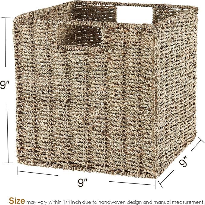 Wicker Storage Basket, Set of 2 Seagrass Storage Baskets, Foldable Wicker Basket 9 Inch Square Cube Storage Bins Storage Baskets for Organizing Shelf Baskets, 9''x9''x9'' - Image 3
