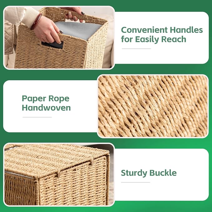 13x13x13 Storage Cube Bins Set of 4, Paper Rope Hand Woven Storage Basket with Handles, Collapsible Square Storage Cubes for Shelves, Wicker Shelf Baskets for Living Room Bedroom Organizing, Natural - Image 3