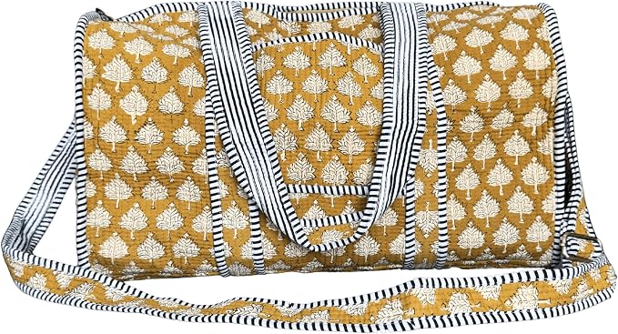 ATOSII Handblock Print 100% Cotton Large Quilted Duffle Bag for Overnight Trip, Travel Weekend Bag, Luggage, 2 Pockets with Zipper, 1 Front Pocket, Detachable Long Strap, 20 X 10 X 12 Inches, Flax by ATOSII