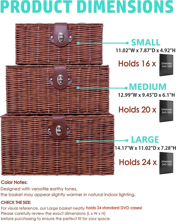 Set of 3 Woven Wicker Storage Basket Box with Lids & Lock, Built-in Carry Handles, Multifunctional Storage Organizer for Nursery, Baby, Toys, CLoset, DVD Large/Medium/Small Size (Natural) - Image 3