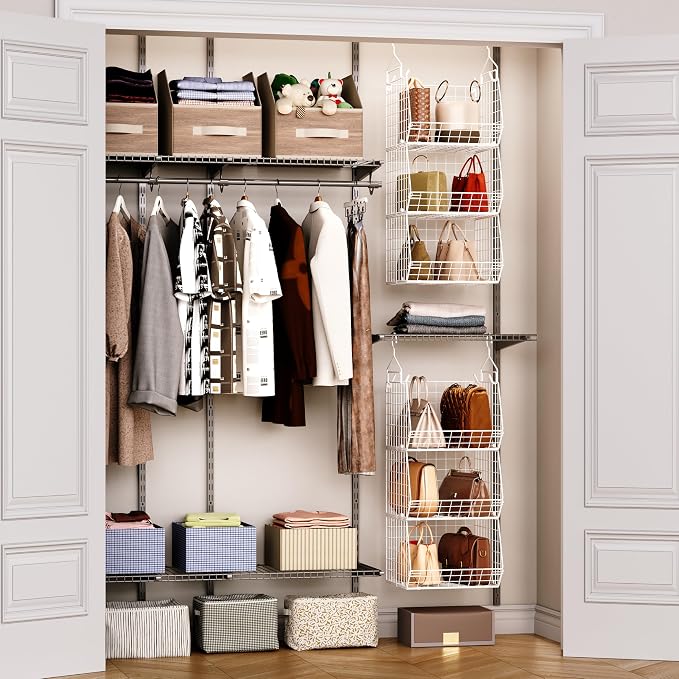 X-cosrack 3 Tier Foldable Closet Organizer, Clothes Shelves with 5 S Hooks, Wall Mount&Cabinet Wire Storage Basket Bins, for Clothing Sweaters Shoes Handbags Clutches Accessories-White Patent Design - Image 6