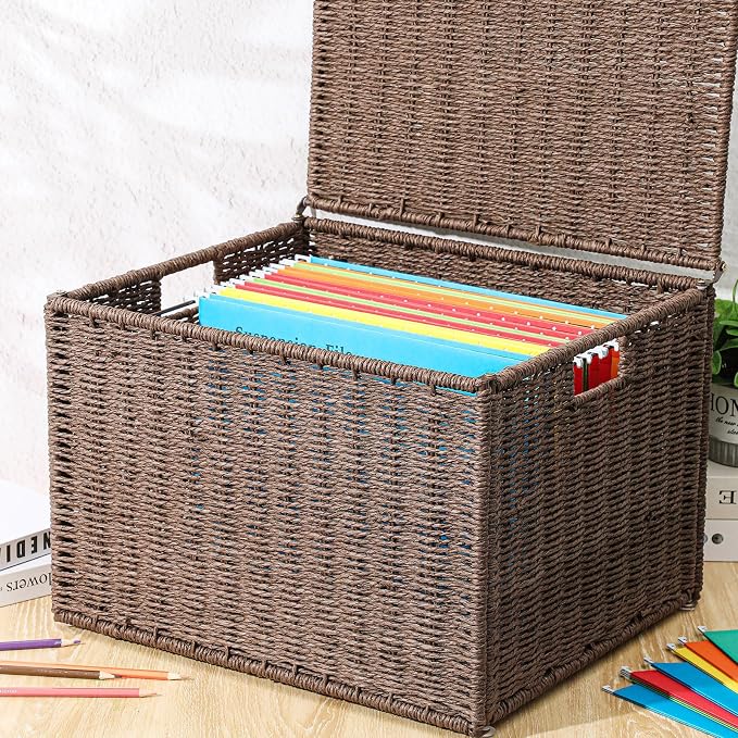 Cinnvoice Extra Large Decorative File Box 18 x 16 x 13 in Wicker Seagrass File Basket Organizer for Letter Legal Size Hand Woven Hanging Filing Cabinet with Lid for Office Paper Rope, Dark Brown - Image 5