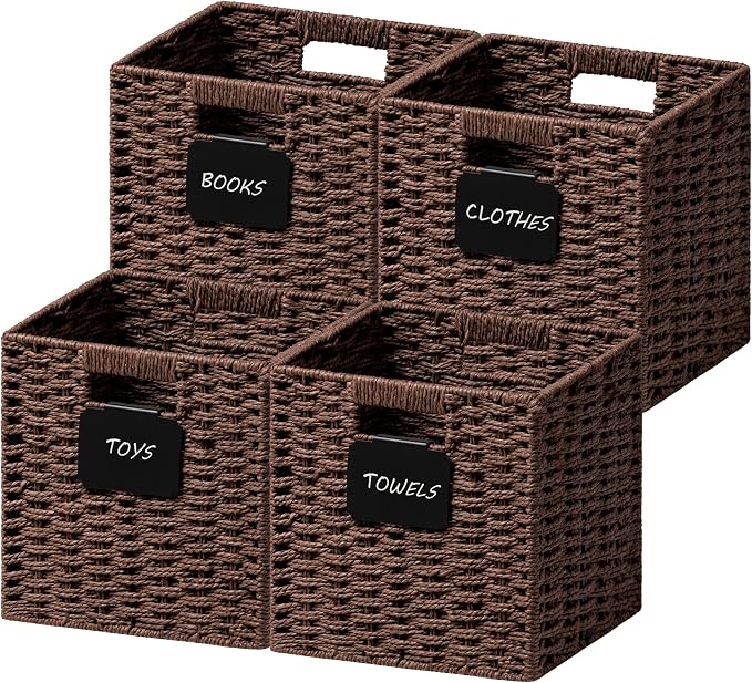 UBBCARE 4 Pack Small Wicker Basket, 9×9 Storage Cubes with Label, Foldable Cube Storage Bin with Handle, Square Storage Basket for Shelves, Woven Paper Rope Basket for Organizing, Dark Brown by UBBCARE