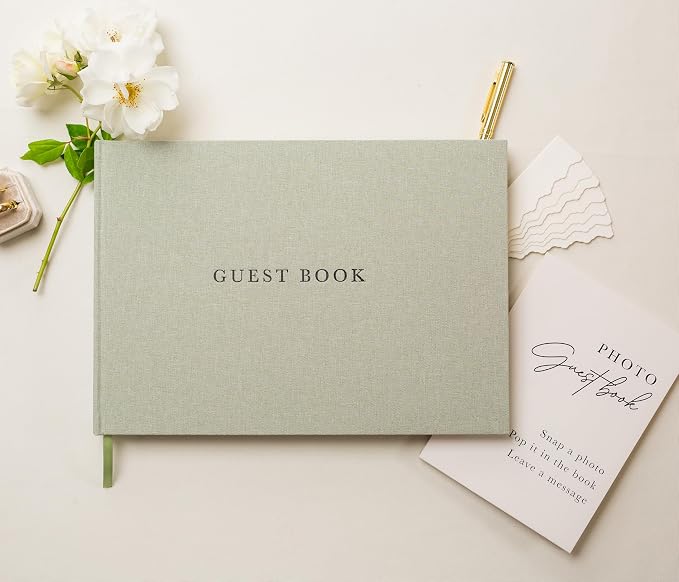 Real Linen Guest Book Set - 11.5 x 8.5 Embossed Guestbook for Weddings, Showers, Events, Blank & Lined, Comes with Sign, Pen, Box and Photo Sleeves, 120 Pages (Leaf) - Image 3