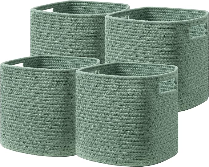 UBBCARE Set of 4 Storage Basket-11 X 10.5 X 10.5 In, Cotton Rope Basket for Shelves, Toys, Book, Cube Storage Bins with Handles, Woven Storage Basket for Organizing, Green by UBBCARE