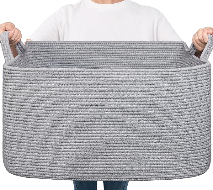 Goodpick Large Woven Rope Blanket Basket, Rectangle, Gray, 75L | 21.6'' x 14.9'' x 11.8'' Storage Basket for Toys, Blankets & Towels, Living Room & Nursery Organization, Reinforced Handles by Goodpick