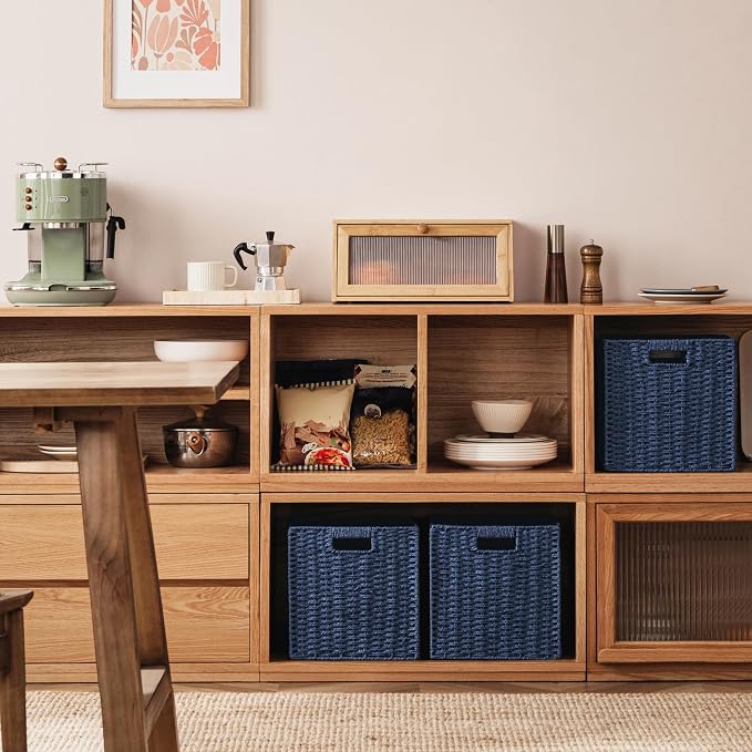 UBBCARE 3 Pack Wicker Basket, 11L×11H×10.5W inch Woven Paper Rope Storage Baskets for Shelves, Foldable Cube Storage bin with Handle, Storage Basket for Organizing & Decor, Navy Blue - Image 5