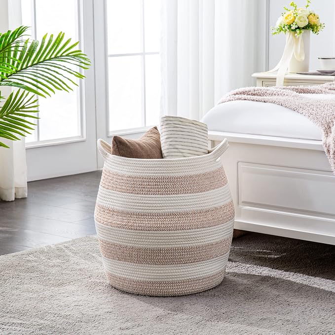 KAKAMAY Woven Baskets for Storage(17"x17"),Large Cotton Rope Woven Baby Laundry Hamper,Collapsible Laundry Basket, Blanket Basket for Organizing Living Room,Nursery,Pillows,Toy Chest(Rose) - Image 4