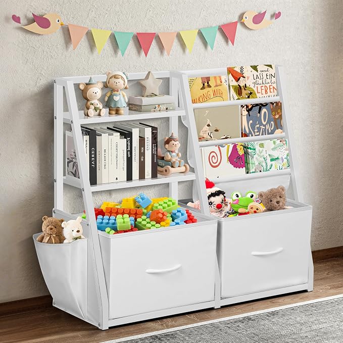 LOFTEY Kids Bookshelf and Toy Storage, Toy Box with Bookshelf, White | 29.5" Child-Friendly Height, 2 Large Fabric Drawers, 4 Sling Book Pockets, Anti-Tip Straps, for Nursery, Bedroom and Playroom by LOFTEY