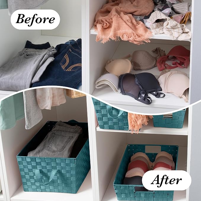 Simplify Small Shelf Woven Strap Tote | Decorative Storage Basket | Built in Handles | Organization | Closet | Bedroom | Bathroom | Nursery | Accessories | Toys | Gifts | 4 Pack | Sapphire - Image 5