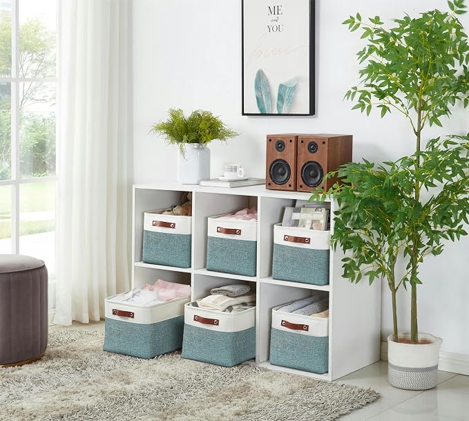 DECOMOMO Storage Bins, Large Fabric Storage Baskets for Shelves 3 Pack | 15 x 11 x 9.5 inches Decorative Linen Closet Organizers (Green & White) - Image 7