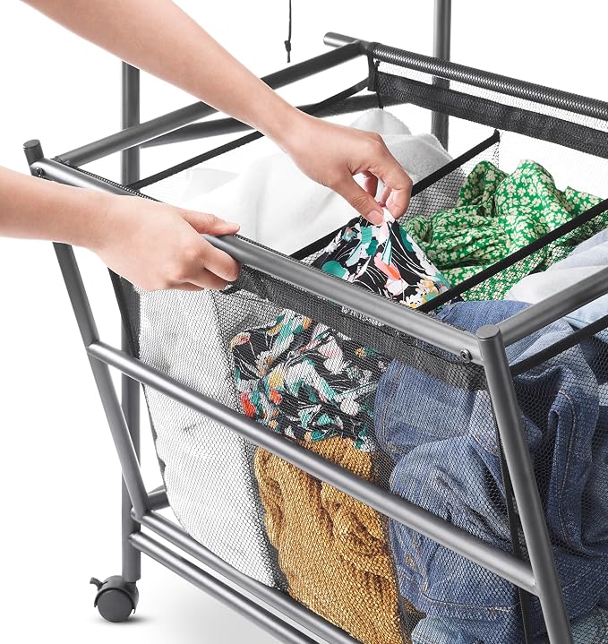 Whitmor Triple Laundry Sorter with Ironing & Folding Table - Rolling Laundry Sorter with Ironing Table - Gunmetal - Image 4