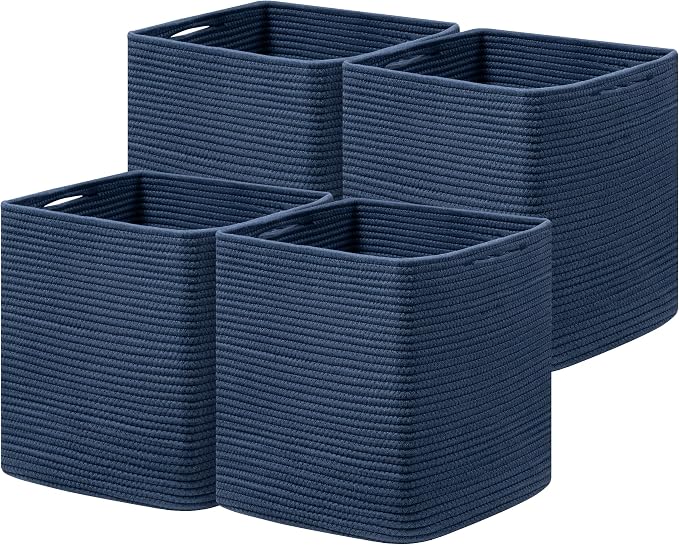 joybest 13inch Cube Storage Bins, Cotton Rope Woven Organizer Basket | Set of 4 Cube Bin Square Shelves Organizer Closet Storage, Nursery, Toy Organization, Navy Blue by joybest