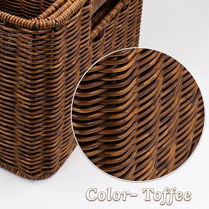 WeeNest Baskets with Handles, Wicker Storage, Shelf Boxes for Organizing, Stackable Woven Bins, Decorative Lidded Resin, Set of 3, Toffee - Image 2