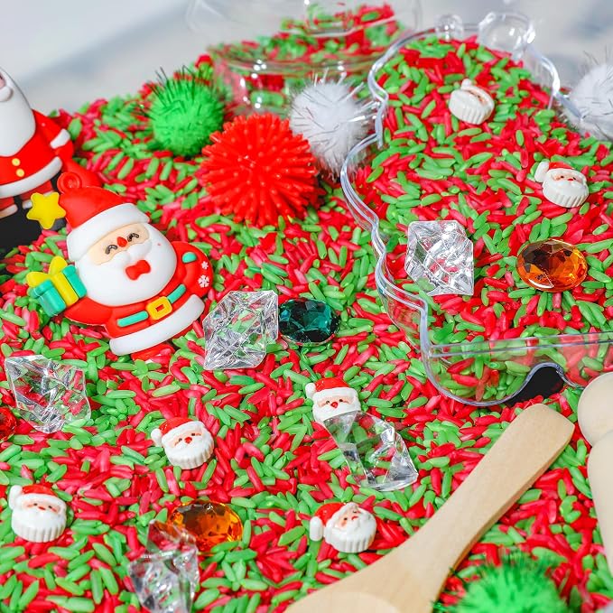 Christmas Sensory Bin Kit for Kids | Christmas Theme Red & Green Rice, Xmas Accessories, Santa Claus & Wooden Tools – Includes Clear Storage Bin - Image 4