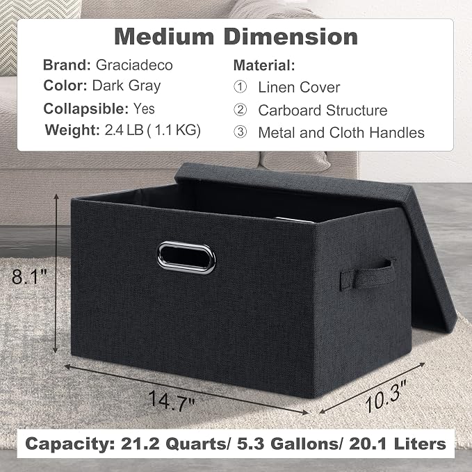 Graciadeco Medium 15" 21 Quart Collapsible Stackable Storage Bins with Lids, 5 Packs Dark Gray Foldable Fabric Closet Storage Boxes with Lids, Lidded Heavy-duty Linen Baskets(15x11x8) | 21 Quart 5 Pack Dark Gray Collapsible Stackable Linen Fabric 4 Han... - Image 2