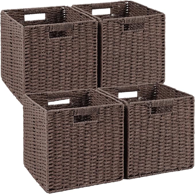 Patvingot 11-Inch Paper Rope Wicker Basket with Built-In Handles,4 Pack | For books, throws and accessories on open shelves, decorative woven texture, metal frame supports the shape, folds flat by Patvingot