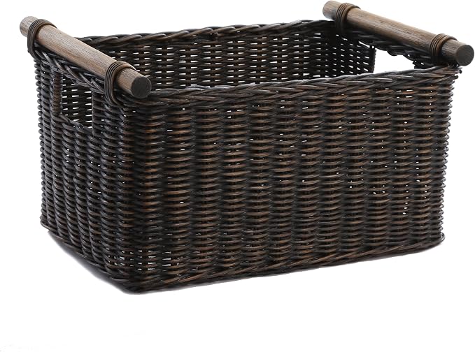 The Basket Lady Pole Handle Wicker Storage Basket, S, Walnut Brown | Outside: 14" L x 10" W x 7.5" H | Inside: 12"L x 8.5"W x 7"H - Handcrafted by artisans from natural rattan by TheBasketLady