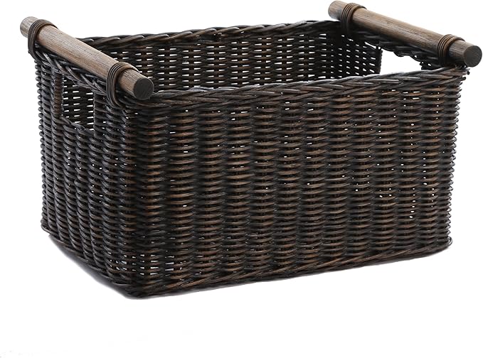 The Basket Lady Pole Handle Wicker Storage Basket, S, Walnut Brown | Outside: 14" L x 10" W x 7.5" H | Inside: 12"L x 8.5"W x 7"H - Handcrafted by artisans from natural rattan by TheBasketLady