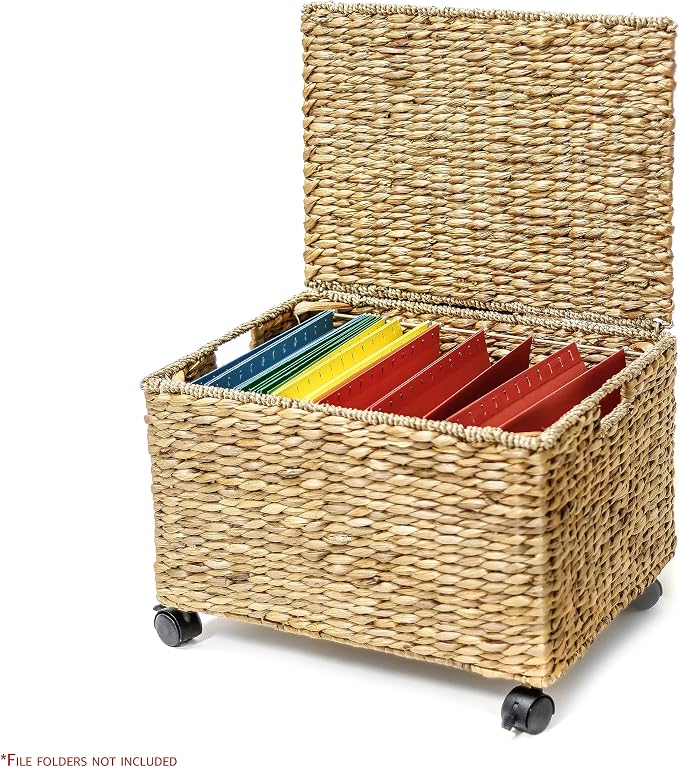 Trademark Innovations Rolling File Box Wicker File Cabinet Hanging File Baskets Water Hyacinth Storage Basket - Image 7