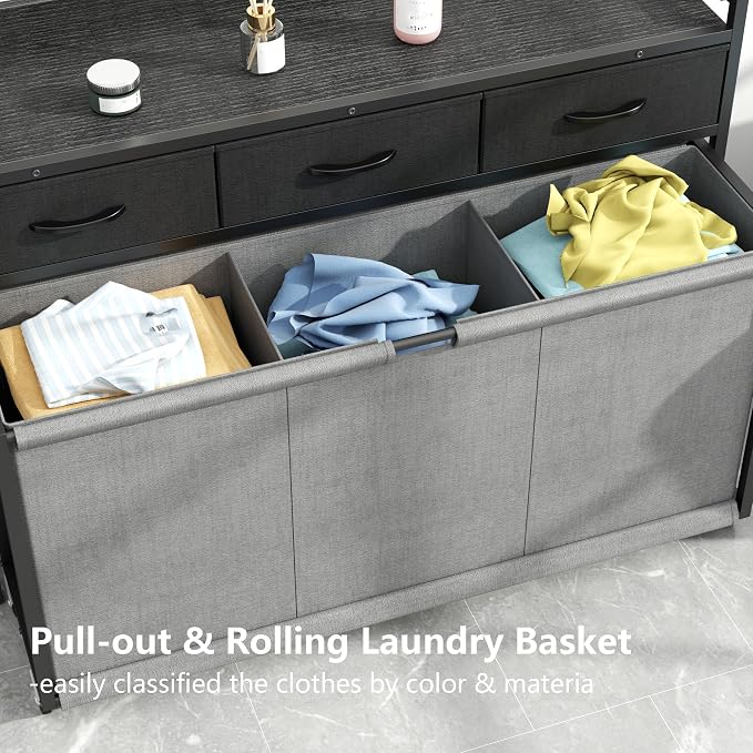 Laundry Hamper Laundry Basket with 3 Section Pull-Out Rolling Bags, Laundry Sorter for Organization and Storage with 2 Pull-Out Drawers for Laundry Room (Black+Grey, 43.31'' x 31.81'' x 12.6'') - Image 6