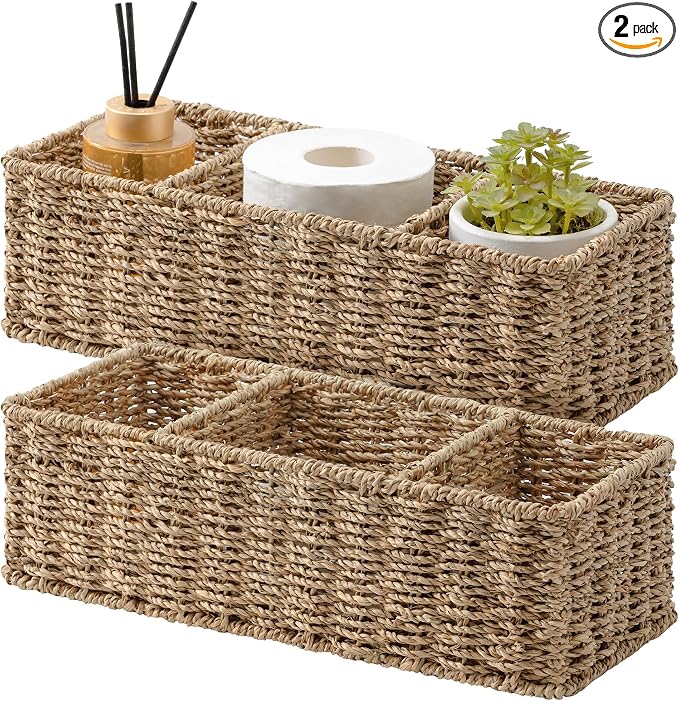 StorageWorks Wicker Toilet Basket Tank Topper, Seagrass Storage Baskets | Wicker Basket, Toilet Paper Storage for Back of Toilet Tank, Woven Baskets for Shelves, Wicker Baskets with 3 Compartments by StorageWorks