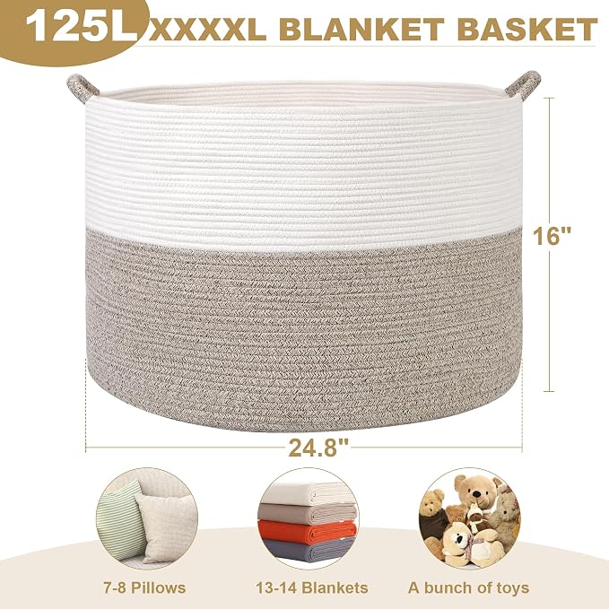XXXXL 125L Extra Large Blanket Basket, 24.8" x 16" Jumbo Woven Basket (Includes 2 Cute Baskets), Cotton Rope Basket with Handle for Living Room, Baby Toys Nursery, Laundry, Home Decor (White/Brown) - Image 3