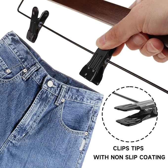 14" Wood Pants Hangers, Adjustable Non-Slip Clip, Dark Cherry, 24-Pack | Solid Wood Material, Bottom Hangers with 360° Swivel Hook, Space Saving Hangers for Skirts, Slacks, Trousers, Jeans - Image 4