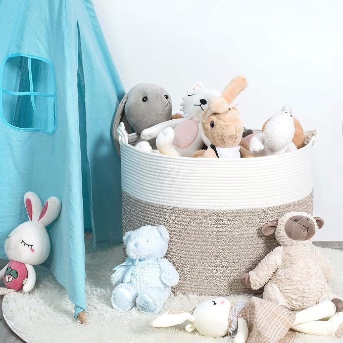Extra Large 22 x 16in Decorative Woven Cotton Rope Blanket Storage Basket Bin Living Room with Handles and Laundry Hamper for Pillows, Pool Towels, Dog Toys, Shoes, Light Brown - Image 2