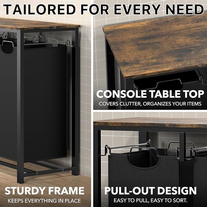 Simple Houseware 3-Section Laundry Sorter w/Tabletop Shelf, Rustic Brown | 3 Pull-Out,10-Gallon Hampers, Metal Frame Laundry Organizer for Bedroom, Bathroom, - Image 5
