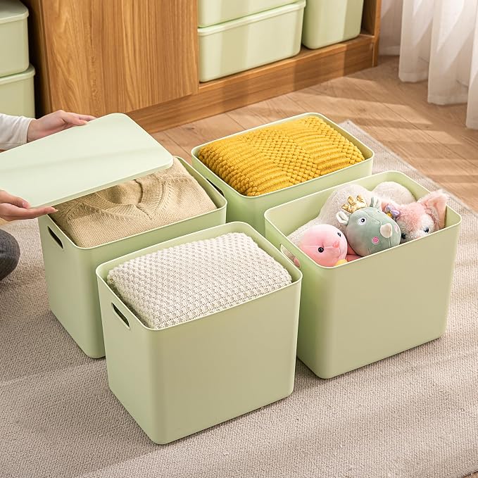 4 pack large plastic White storage bins with Lids, Toy Box Chest with Handle，Organizer Containers Baskets for Baby,Nursery，Shelves，Playroom, Bedroom，Office,Closet，home (Light Green, 4XL) - Image 5