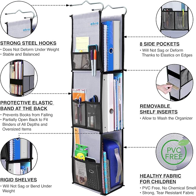 ABRA® 3 Shelf Hanging Locker Organizer for School, Gym, Work, Storage | Deep Shelves 6.5”x 9”| Eco-Friendly Fabric Healthy for Children | Adjustable School Locker Shelf from 3 to 2 Shelves(Grey/Black) - Image 4