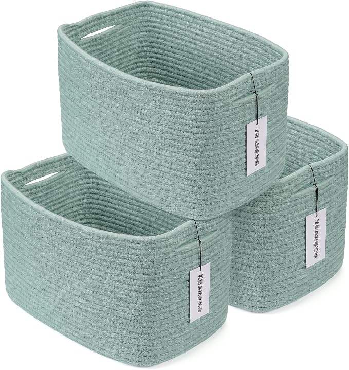 XUANGUO Woven Cotton Rope Storage Baskets 15x10x9.3" 3 Pack Green | Decorative rectangular storage baskets for shelves and closets; storage bins organize clothes, toys, books and nursery items. by XUANGUO