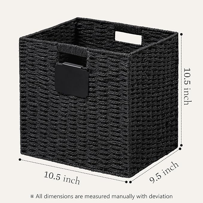 UBBCARE 2 Pack Wicker Basket, 10.5×10.5 Storage Cubes with Label, Foldable Cube Storage Bin with Handle, Square Storage Basket for Shelves, Woven Paper Rope Basket for Organizing, Black - Image 2