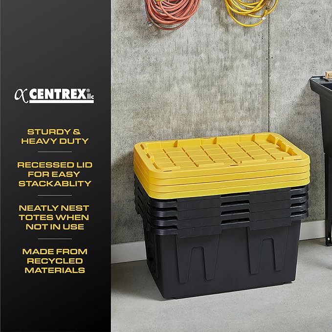 CX Heavy Duty 27-Gallon Stackable Plastic Storage Bins with Lids, 4 Pack | Storage totes for garage organization, Stackable containers, weather-resistant, snap lid, 14.3H x 20.6W x 30.6D, Black/Yellow - Image 4
