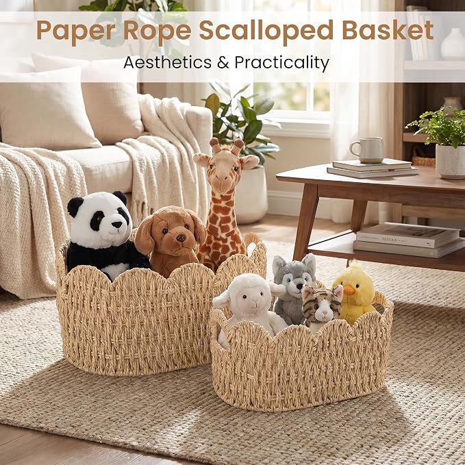 iEGrow Paper Rope Scalloped Basket, Set of 2 Woven Storage Wicker Baskets with Handle for Organizing and Shelves, Cute Boho Oval Baby Baskets for Decor, Towel, Toys, Nursery, Book, Gift Natural - Image 3