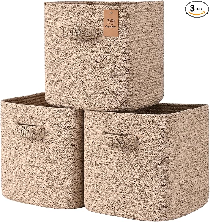 12 Inch Storage Cubes, 3 Pack Cube Storage Bins for Organizing, Cotton Rope Woven Baskets for Shelves, Bathroom, Kids Room, Closets, Baby Nursery by Degeyoyo