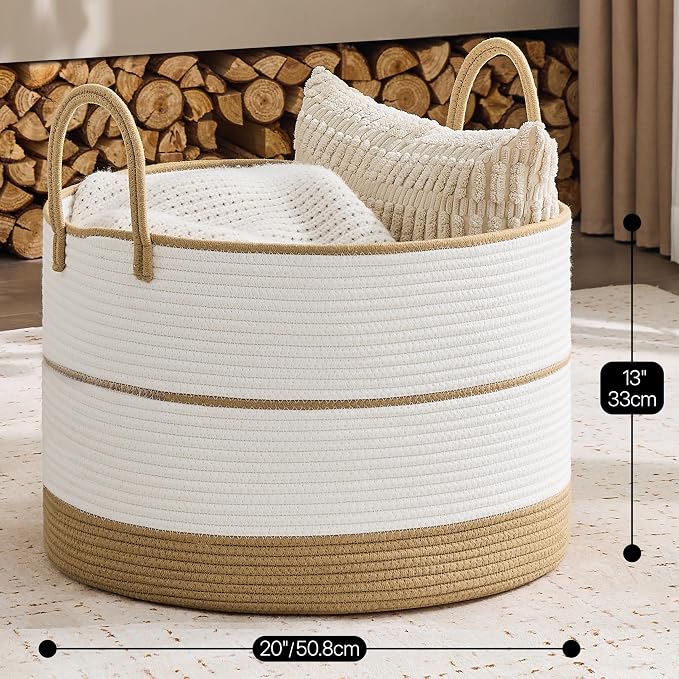 KAKAMAY Large Blanket Basket with Handles, Storage Basket for Living Room | Extra Large Capacity | Natural Cotton Rope | Blanket Storage | Woven Storage Basket | Stuffed Animal Storage | Laundry Basket - Image 3
