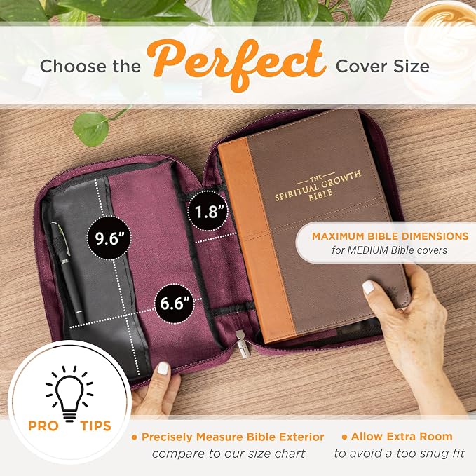 Christian Art Gifts Value Poly-Canvas Bible Cover Case for Women: Grace Upon Grace - John 1:16 Inspirational Scripture w/White Rubber Badge, Pocket, Pen Loops to Organize Accessories, Plum, Medium - Image 9