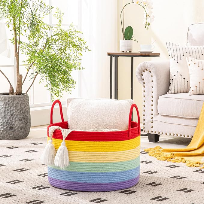 KAKAMAY Large Blanket Basket with Handles, Storage Basket for Living Room | Extra Large Capacity | Natural Cotton Rope | Blanket Storage | Woven Storage Basket | Stuffed Animal Storage | Laundry Basket - Image 2
