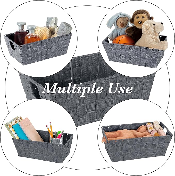 Simplify Small Shelf Woven Strap Tote | Decorative Storage Basket | Built in Handles | Organization | Closet | Bedroom | Bathroom | Nursery | Accessories | Toys | Gifts | 4 Pack | Grey - Image 4