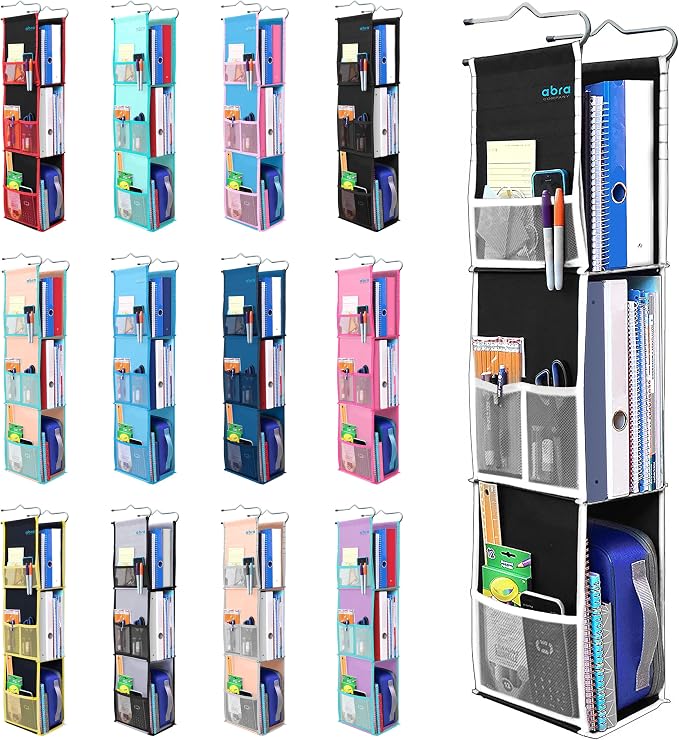 ABRA® 3 Shelf Hanging Locker Organizer for School, Work, Gym | Deep Shelves 6.5”x 9”| Eco-Friendly Fabric Healthy for Children | Adjustable School Locker Shelf from 3 to 2 Shelves (Black/White) by ABRA